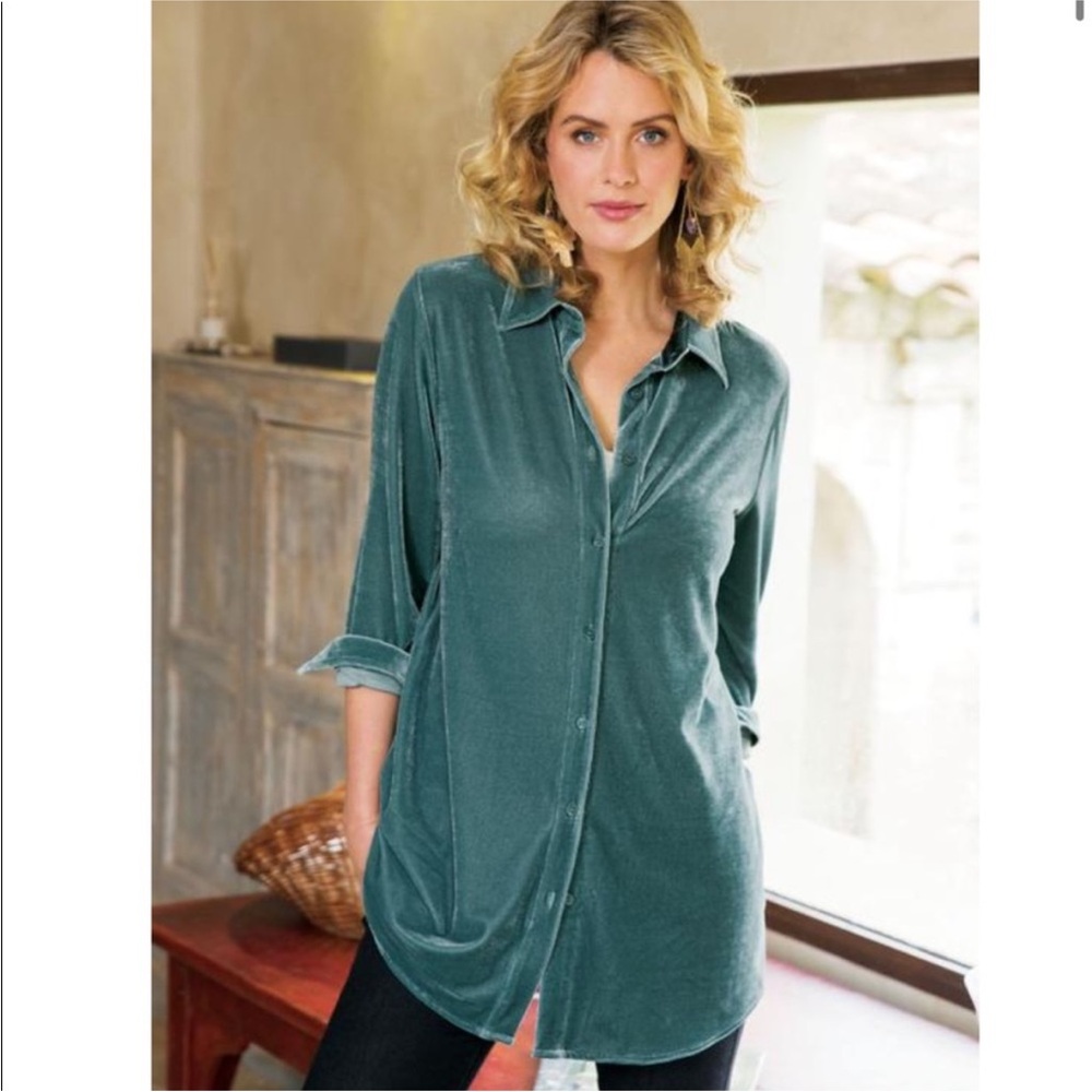 Soft Surroundings | Velvet Boyfriend Shirt tunic top button down green blue teal
